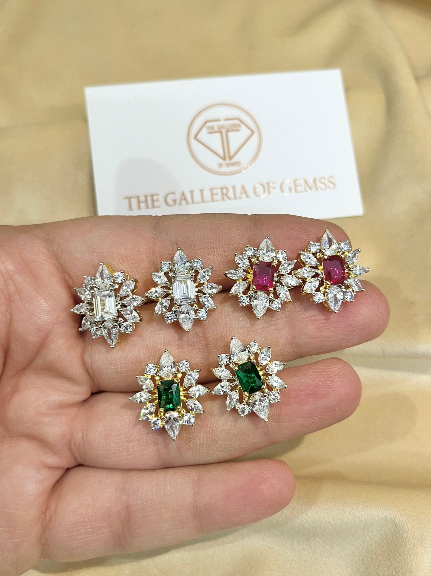 Arielle Korean Diamond Halo Studs - Ruby, Emerald & White | 18KT Gold Plated