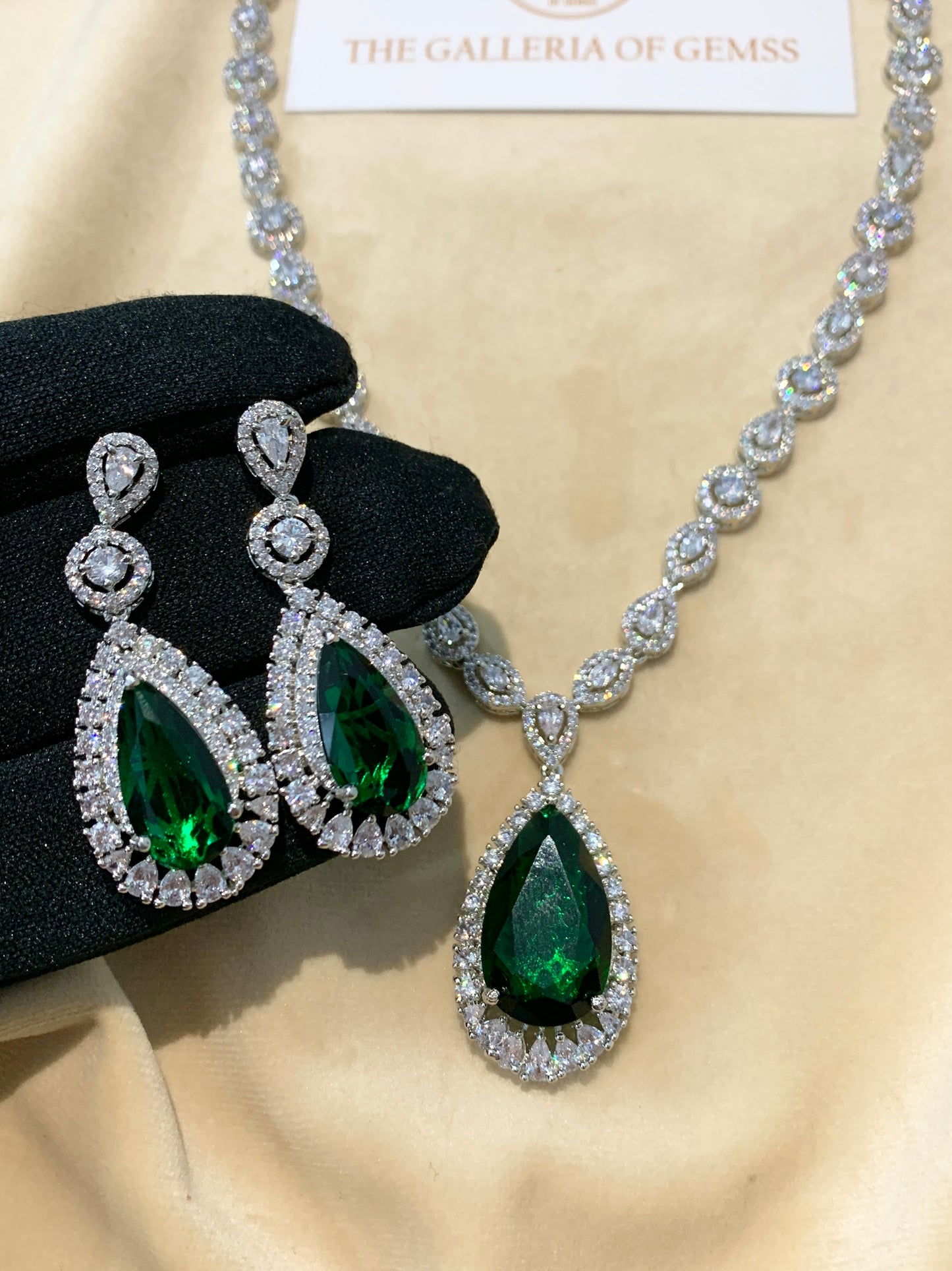 Emerald Royale - American Diamond Halo Necklace Set