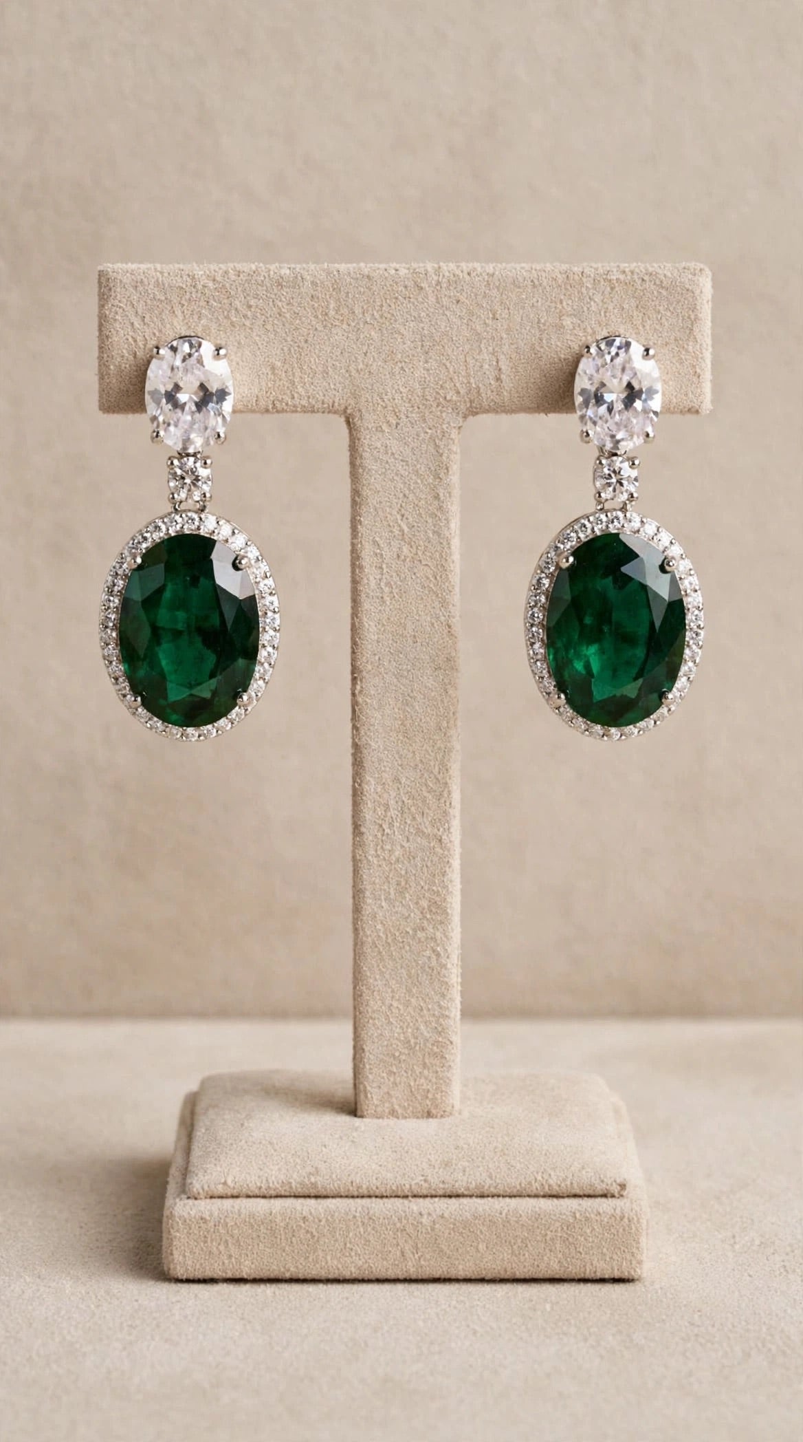 Alya Emerald Drop - Oval Halo Dangle Earrings
