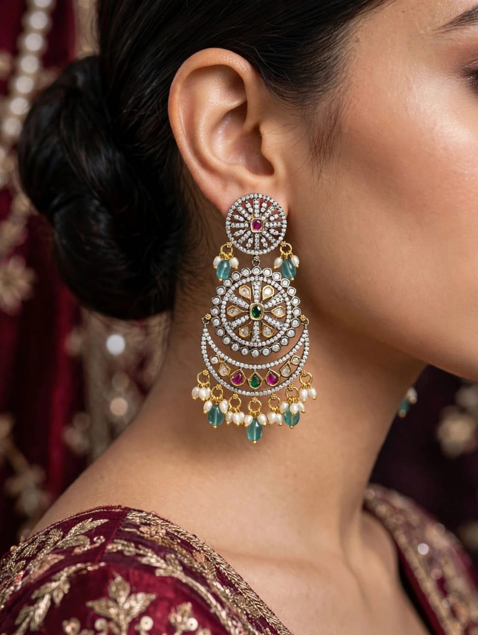 Meher Chandbali - Victorian Polki Chandbali with Pearl Drops