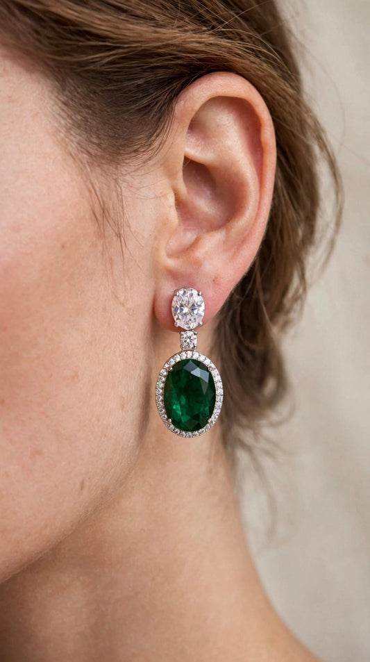 Alya Emerald Drop - Oval Halo Dangle Earrings