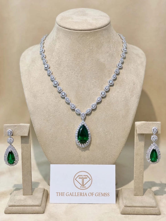 Emerald Royale - American Diamond Halo Necklace Set