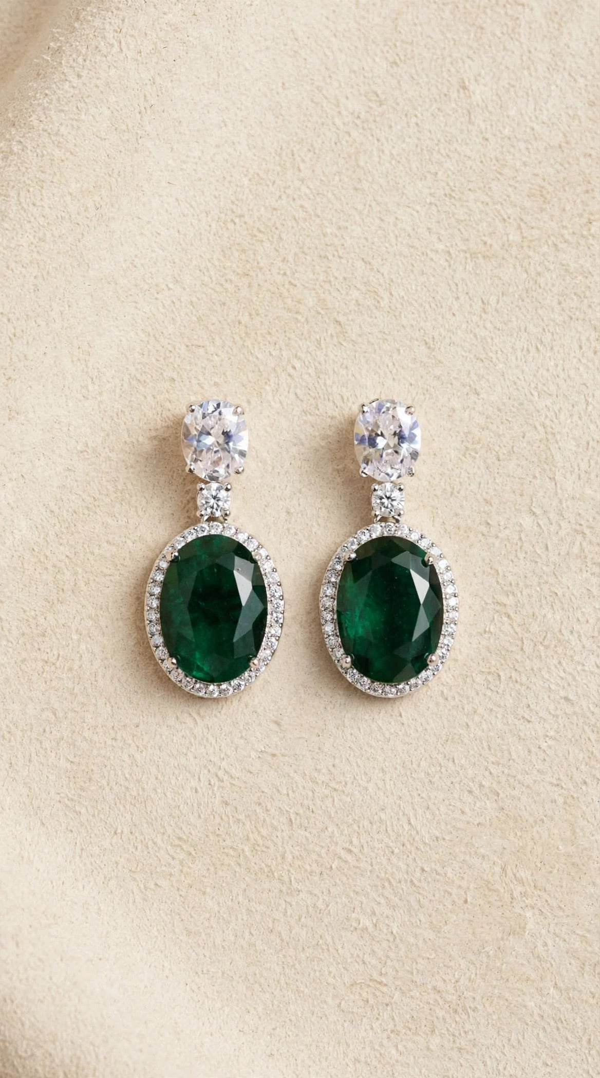 Alya Emerald Drop - Oval Halo Dangle Earrings