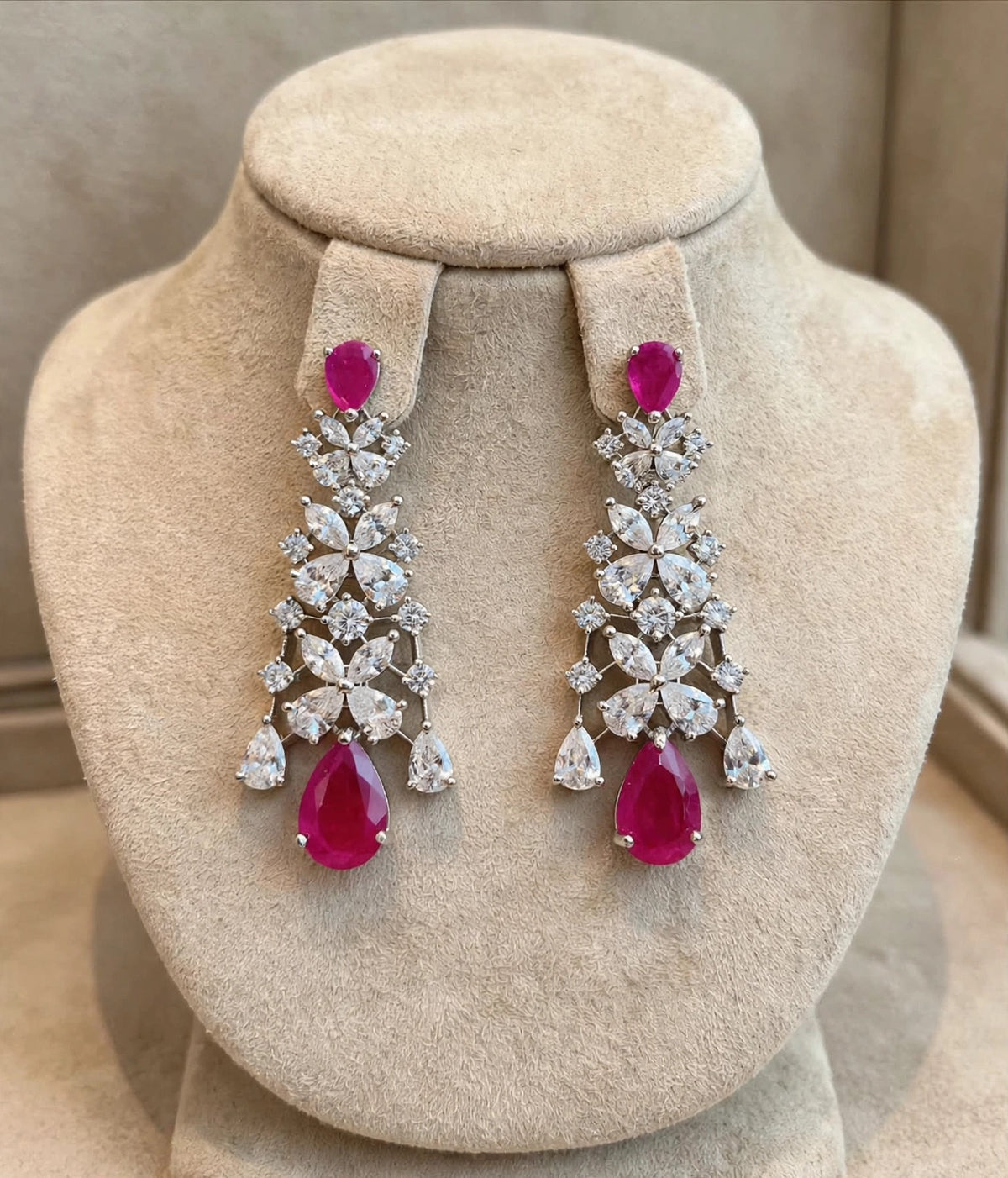 Pink Cascade - Ruby Teardrop Chandelier Earrings