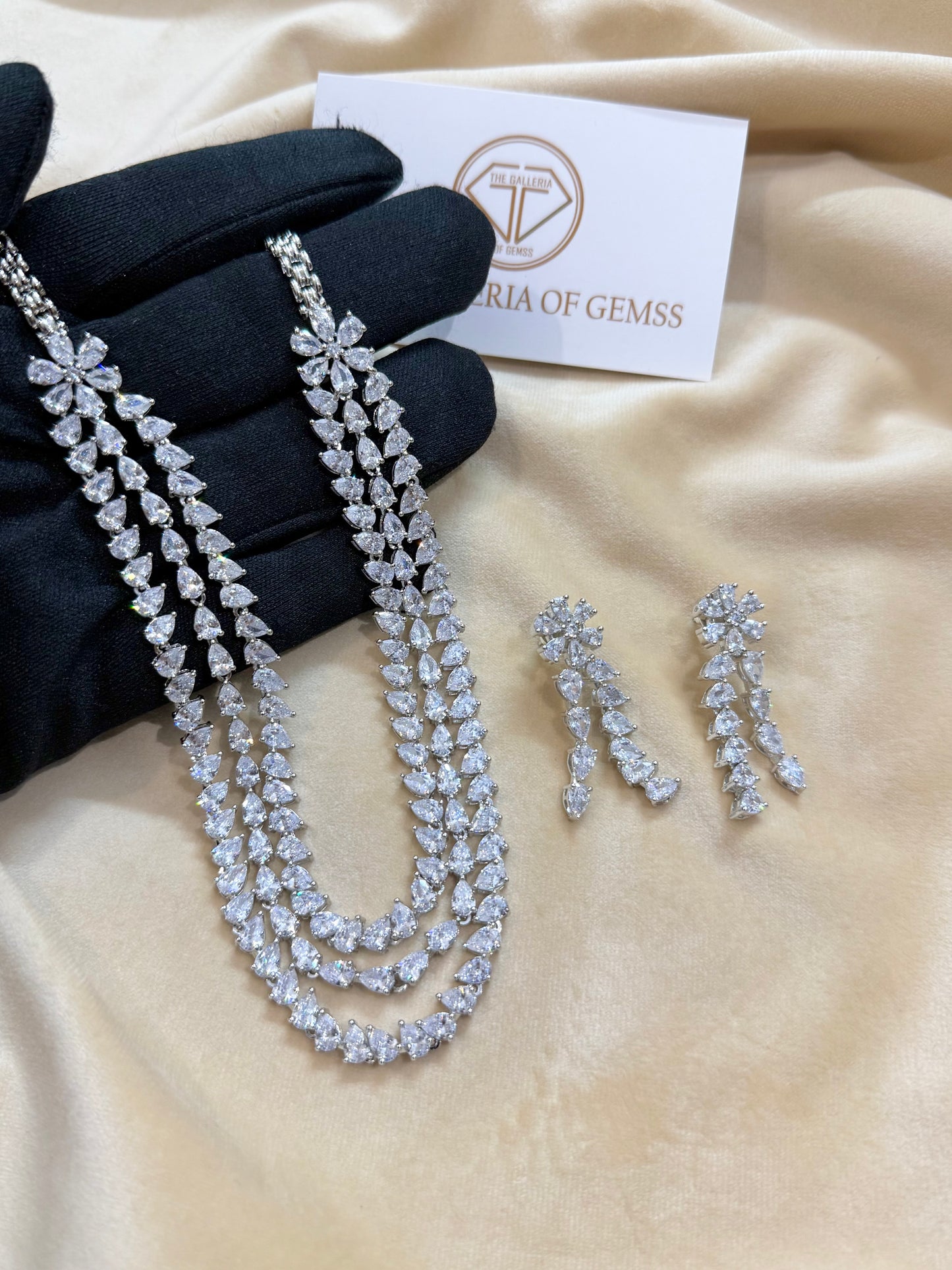 Aria Triple Layer Diamond Necklace Set - 5A CZ | Rhodium Plated