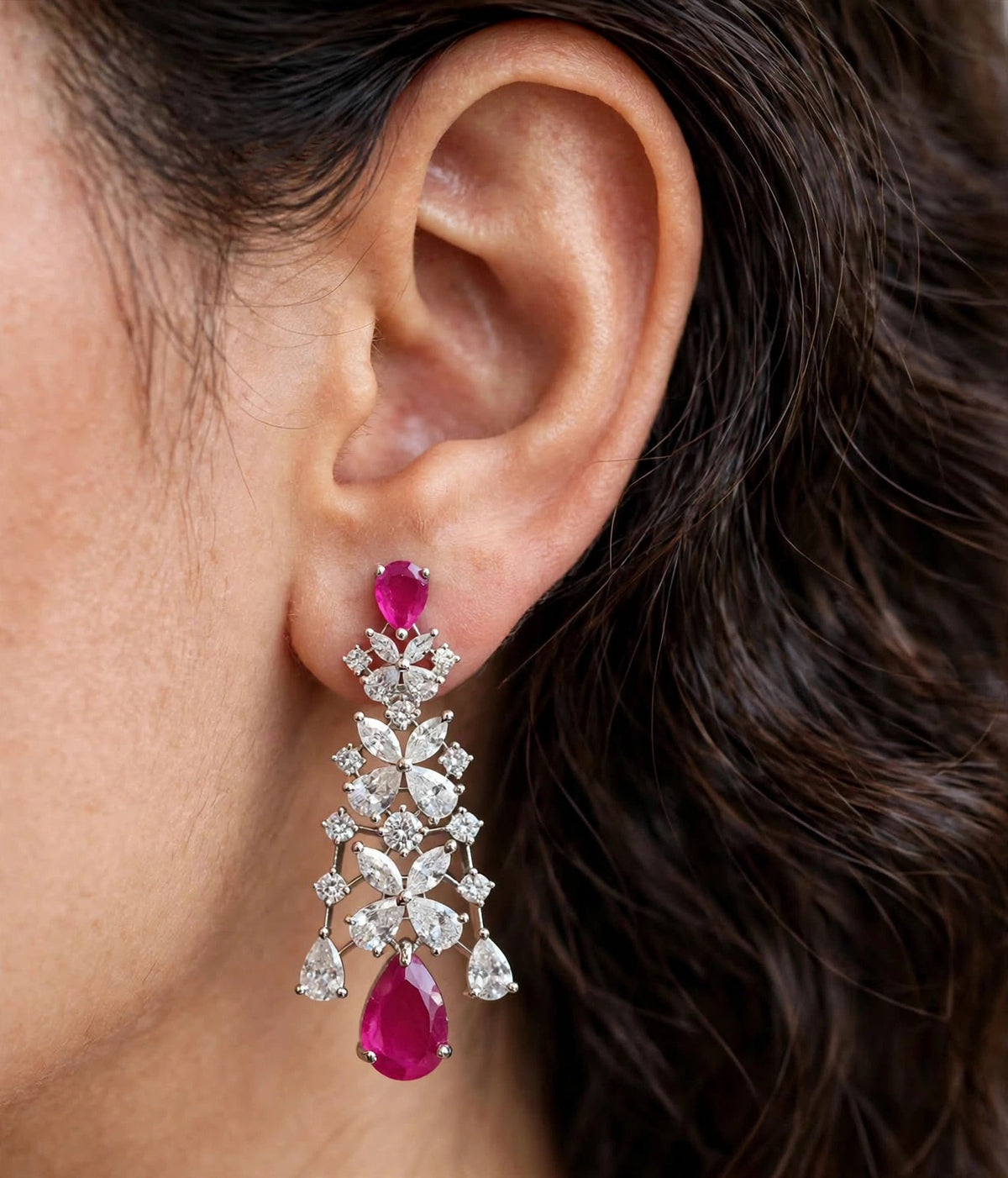 Pink Cascade - Ruby Teardrop Chandelier Earrings