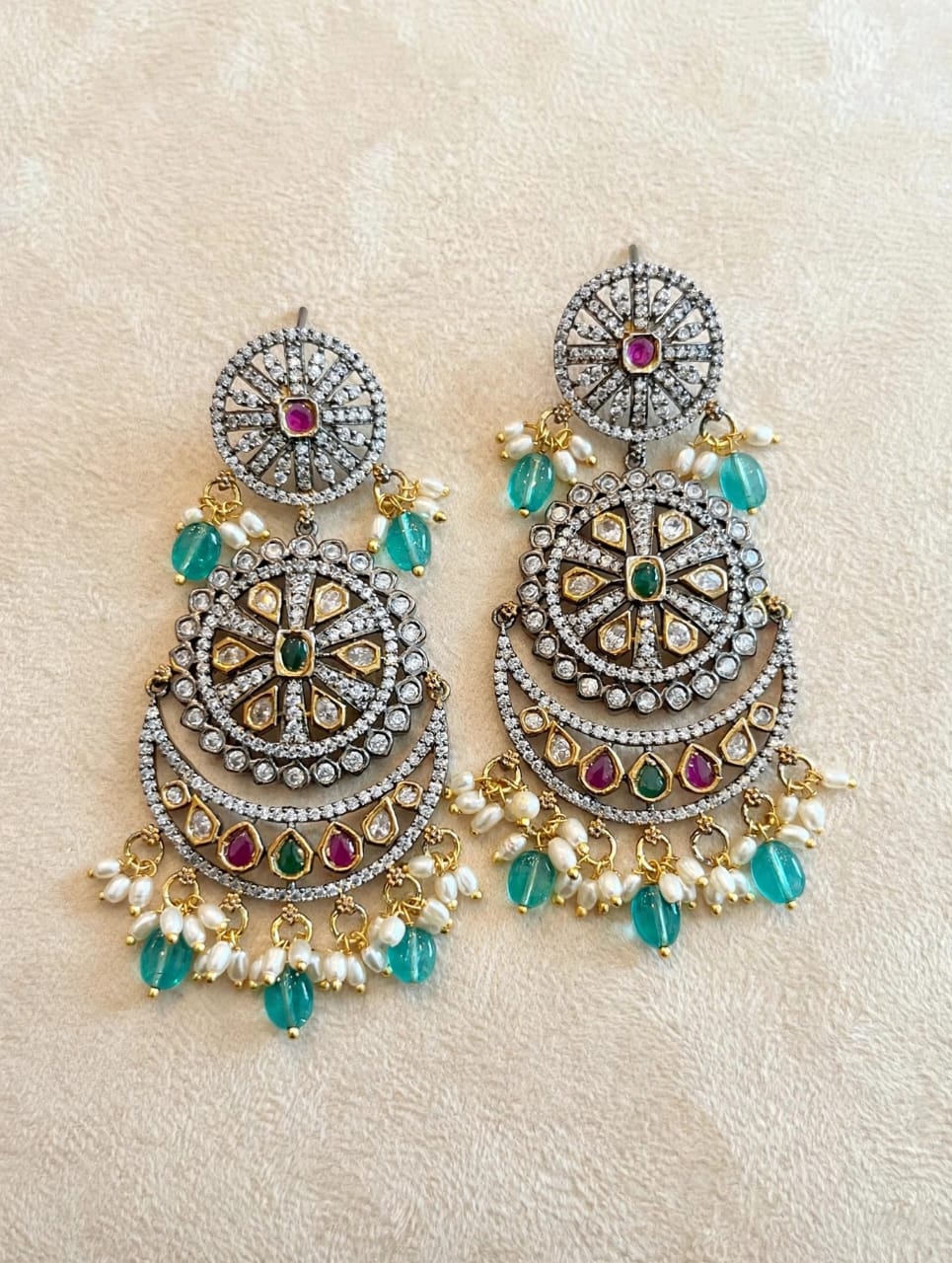 Meher Chandbali - Victorian Polki Chandbali with Pearl Drops