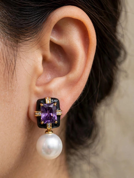Amara Royale - Amethyst Enamel Pearl Drop Earrings