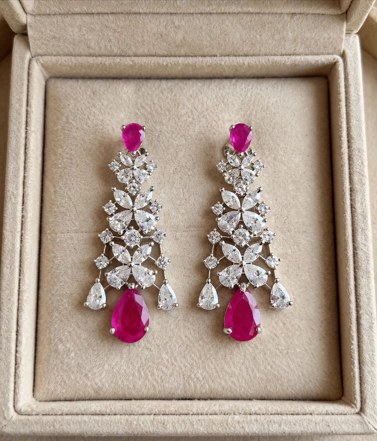 Pink Cascade - Ruby Teardrop Chandelier Earrings