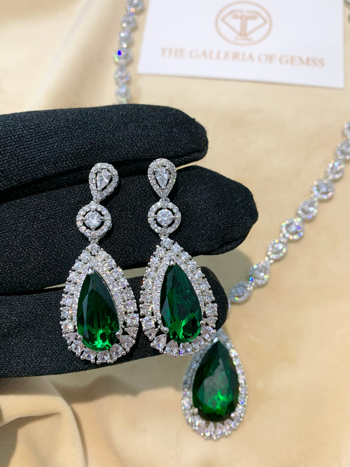 Emerald Royale - American Diamond Halo Necklace Set