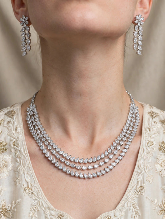 Aria Triple Layer Diamond Necklace Set - 5A CZ | Rhodium Plated