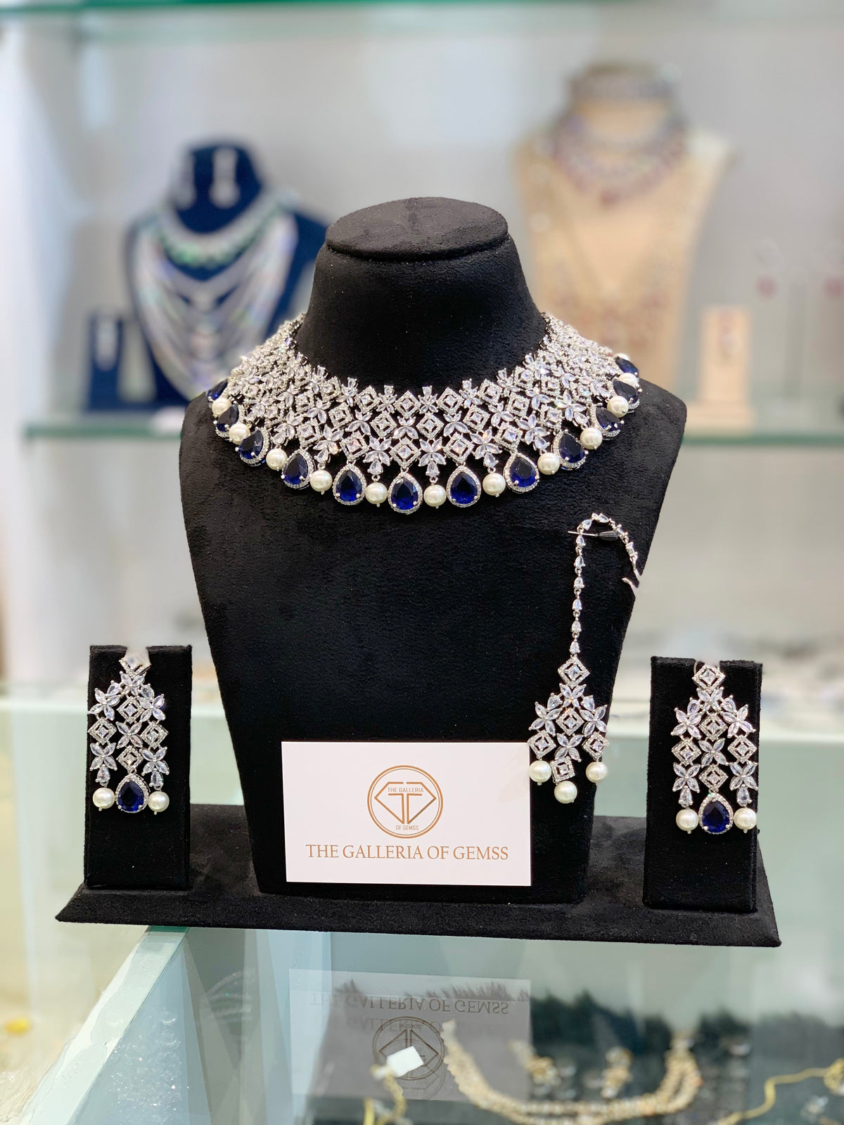 Neelam Royale — Sapphire & Pearl AD Choker Set with Tikka