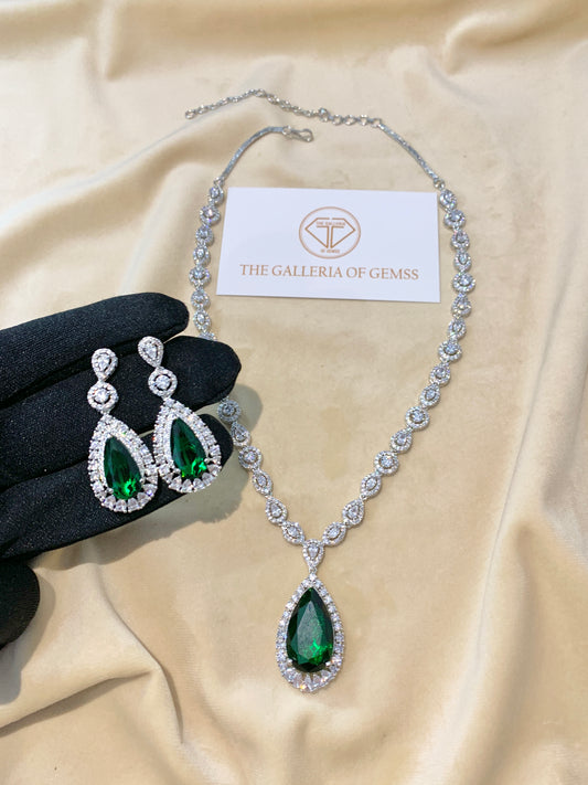 Emerald Royale - American Diamond Halo Necklace Set
